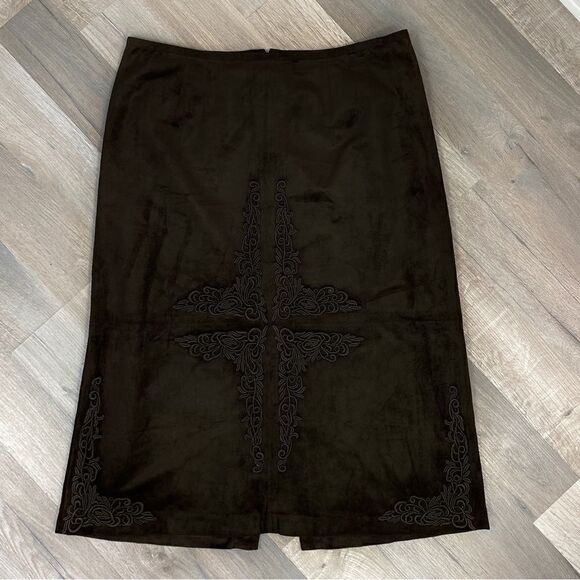 SilkLand Faux Suede Microfiber Appliqué Midi Skirt Brown 12 A Line - Picture 11 of 11